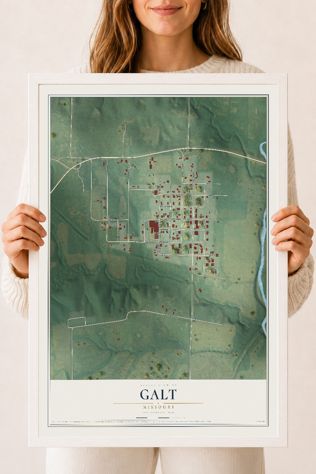 Map of Galt, Missouri, 18 x 24 inch print in a white wood frame