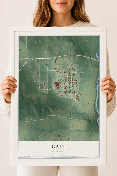 Map of Galt, Missouri, 18 x 24 inch print in a white wood frame