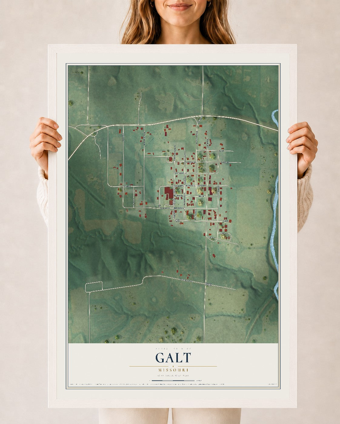 Map of Galt, Missouri, 24 x 36 inch print in a white wood frame