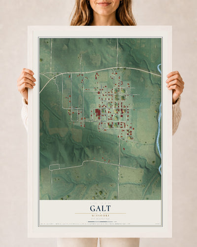 Map of Galt, Missouri, 24 x 36 inch print in a white wood frame