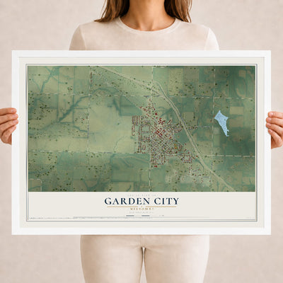 Map of Garden City, Missouri, 18 x 24 inch print in a white wood frame