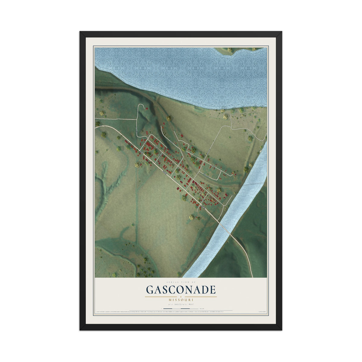 Map of Gasconade, Missouri, 12 x 18 inch print in a black wood frame