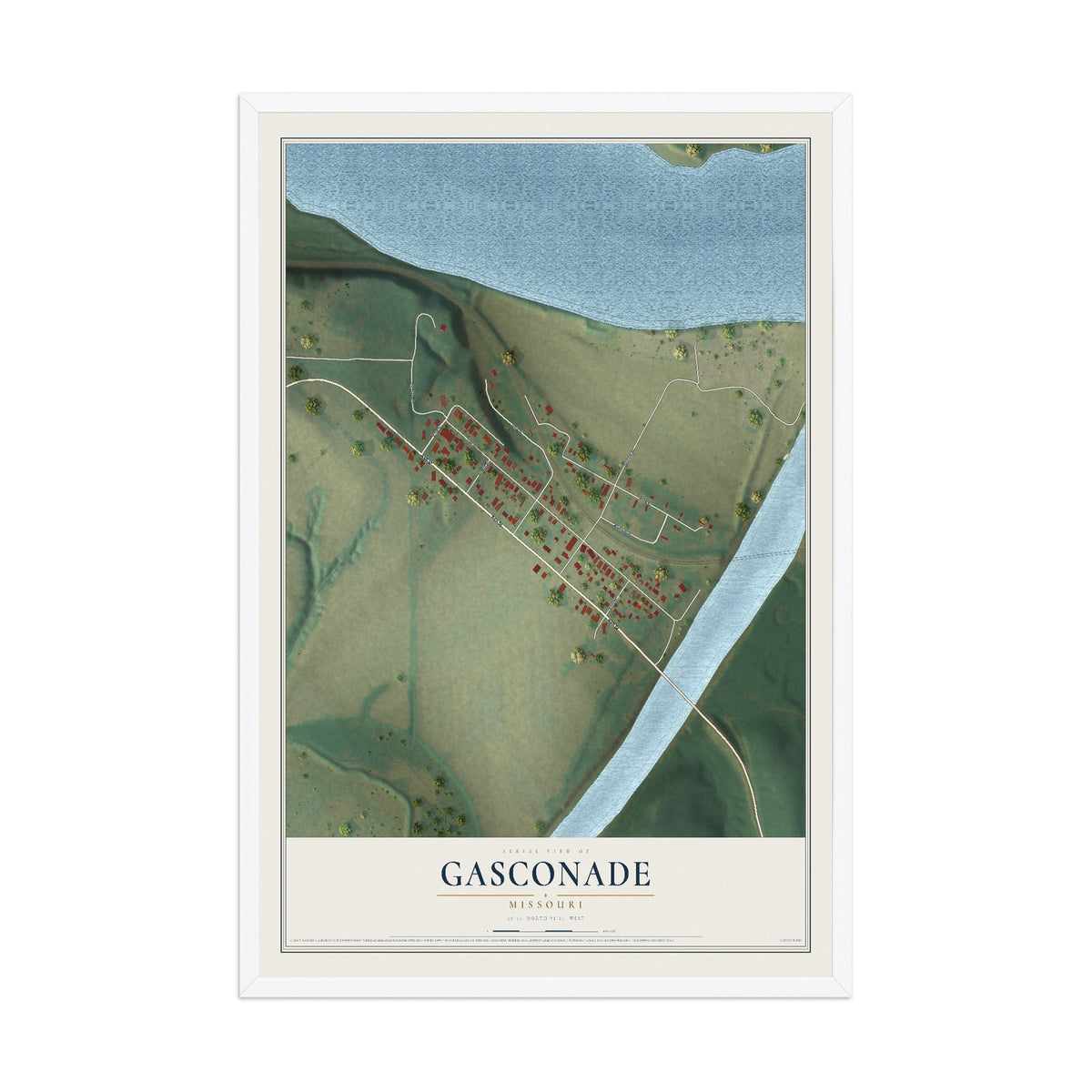 Map of Gasconade, Missouri, 12 x 18 inch print in a white wood frame