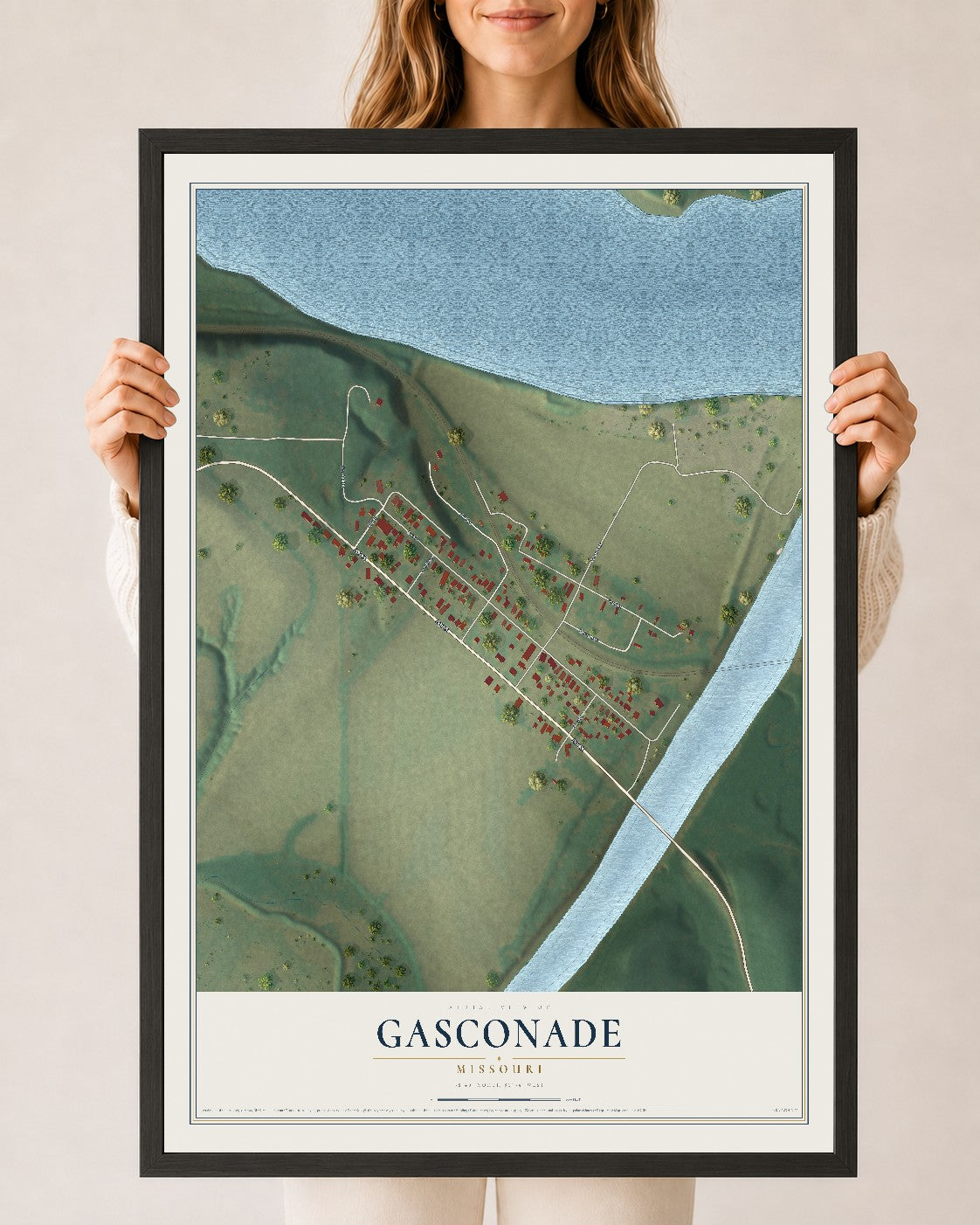 Map of Gasconade, Missouri, 24 x 36 inch print in a black wood frame
