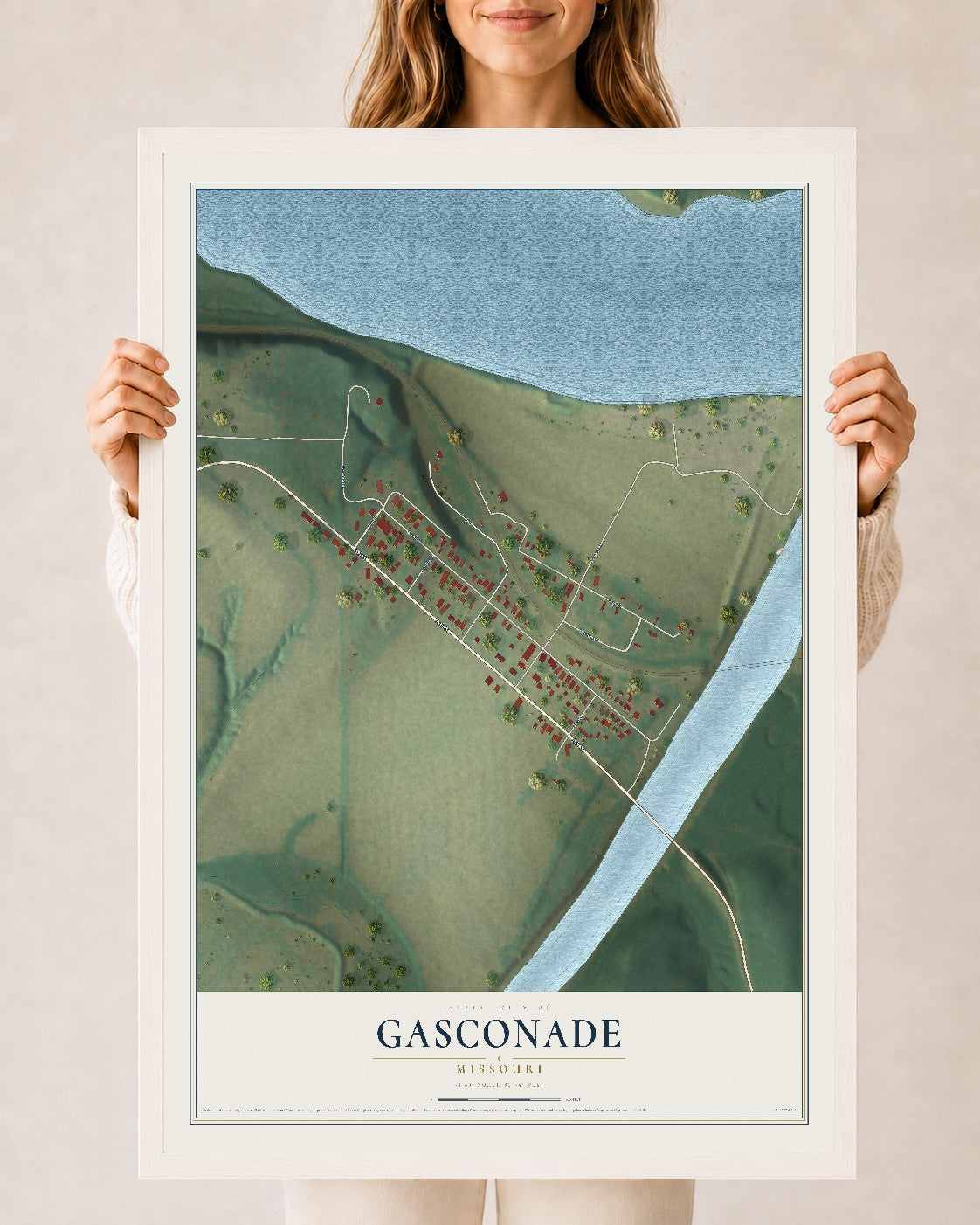 Map of Gasconade, Missouri, 24 x 36 inch print in a white wood frame
