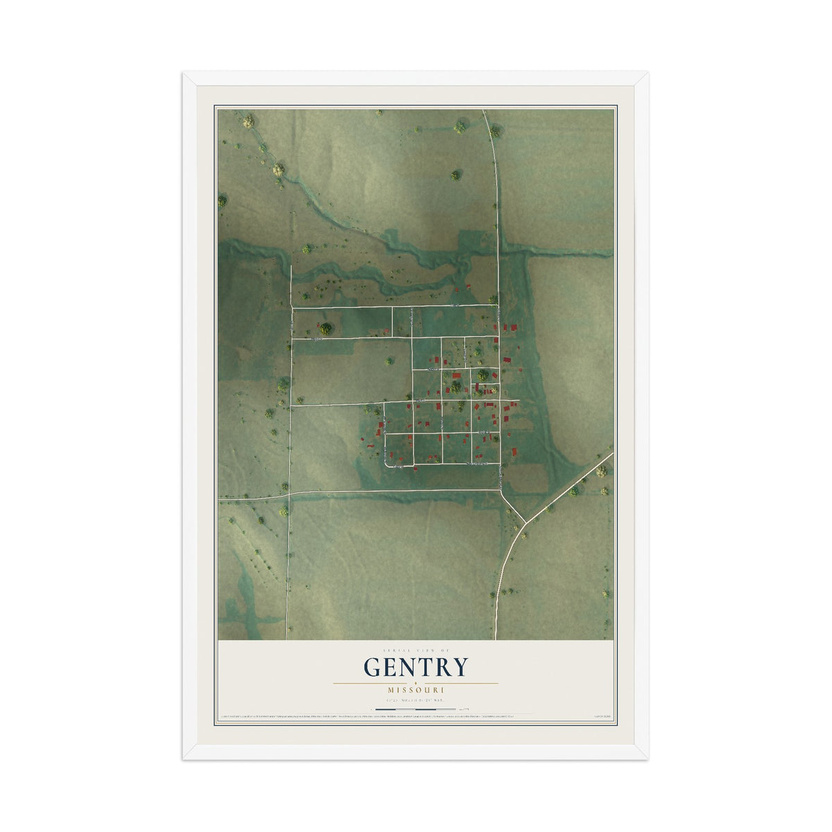 Map of Gentry, Missouri, 12 x 18 inch print in a white wood frame