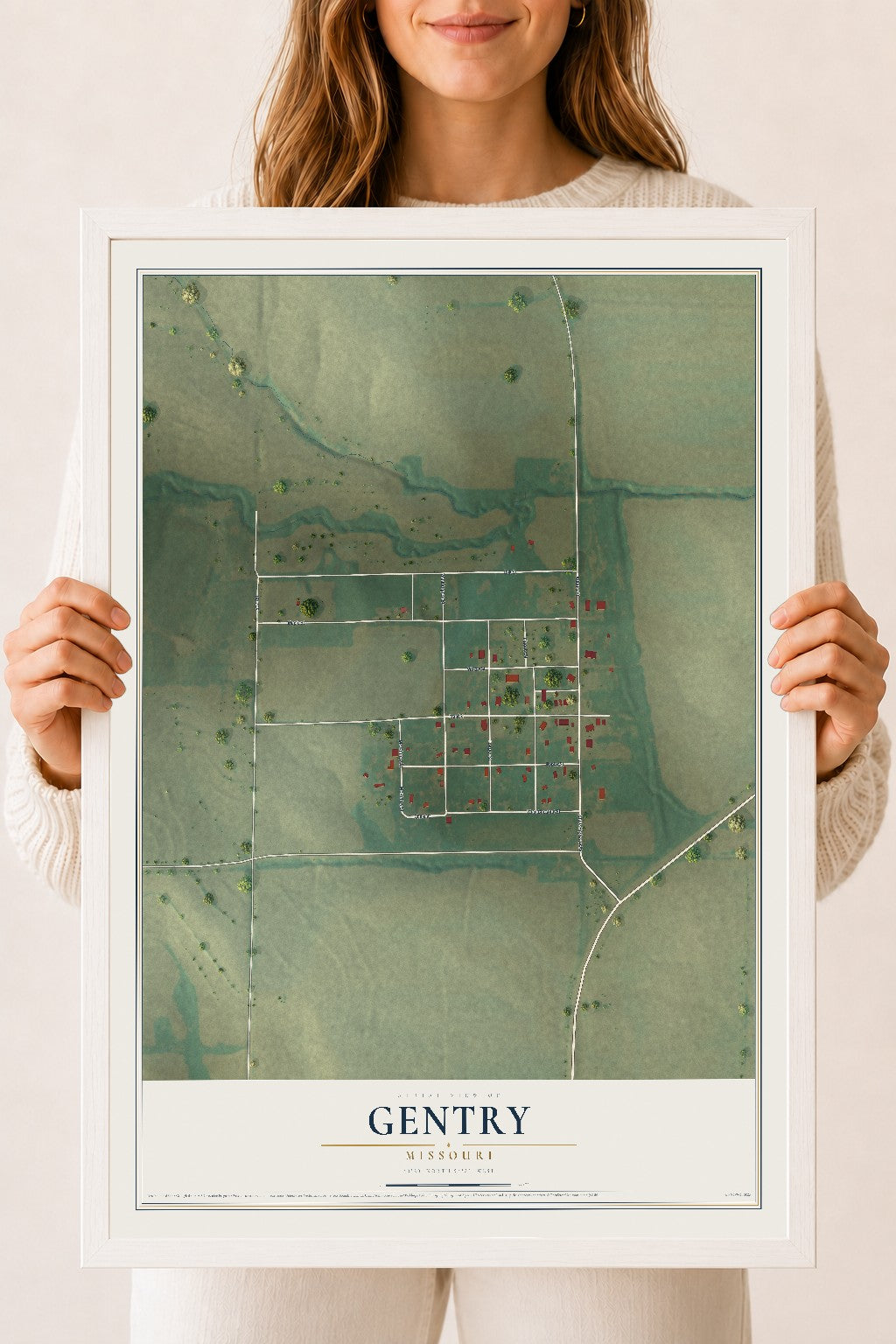Map of Gentry, Missouri, 18 x 24 inch print in a white wood frame