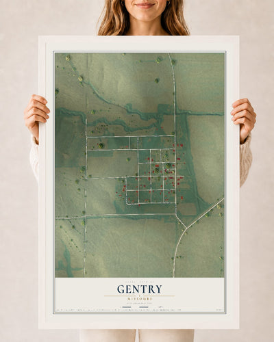 Map of Gentry, Missouri, 24 x 36 inch print in a white wood frame