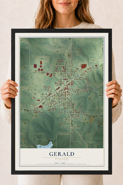Map of Gerald, Missouri, 18 x 24 inch print in a black wood frame