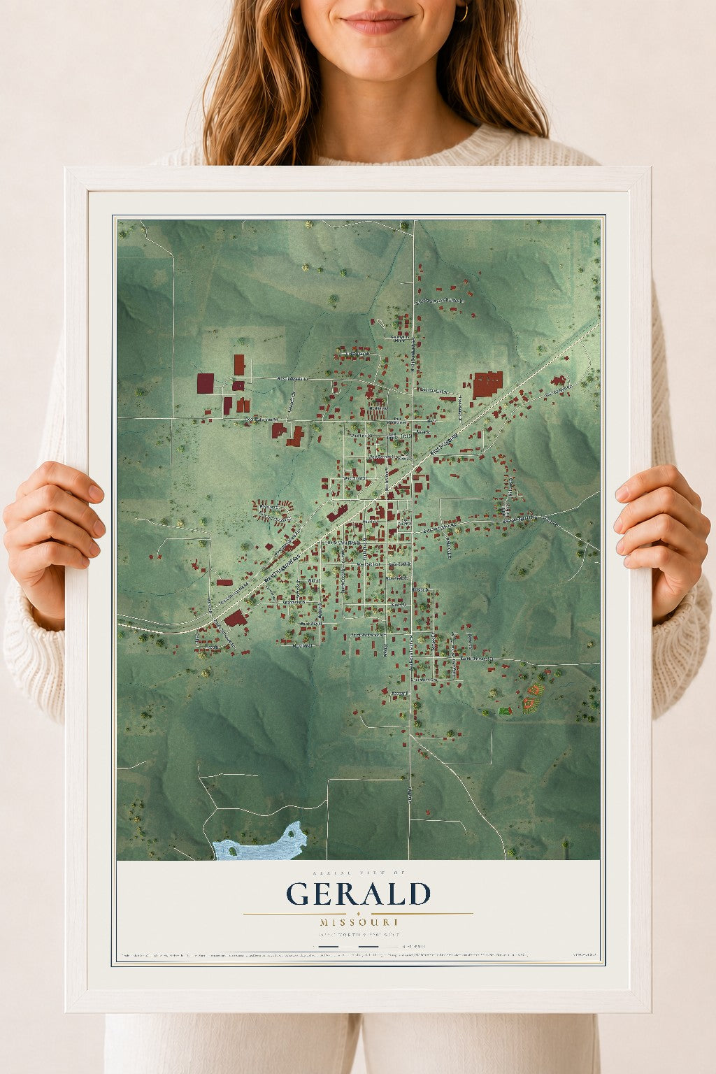 Map of Gerald, Missouri, 18 x 24 inch print in a white wood frame
