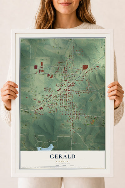Map of Gerald, Missouri, 18 x 24 inch print in a white wood frame