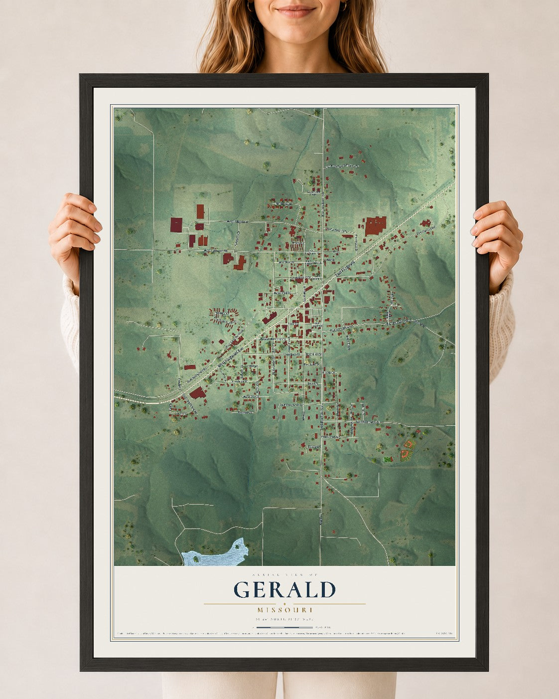 Map of Gerald, Missouri, 24 x 36 inch print in a black wood frame