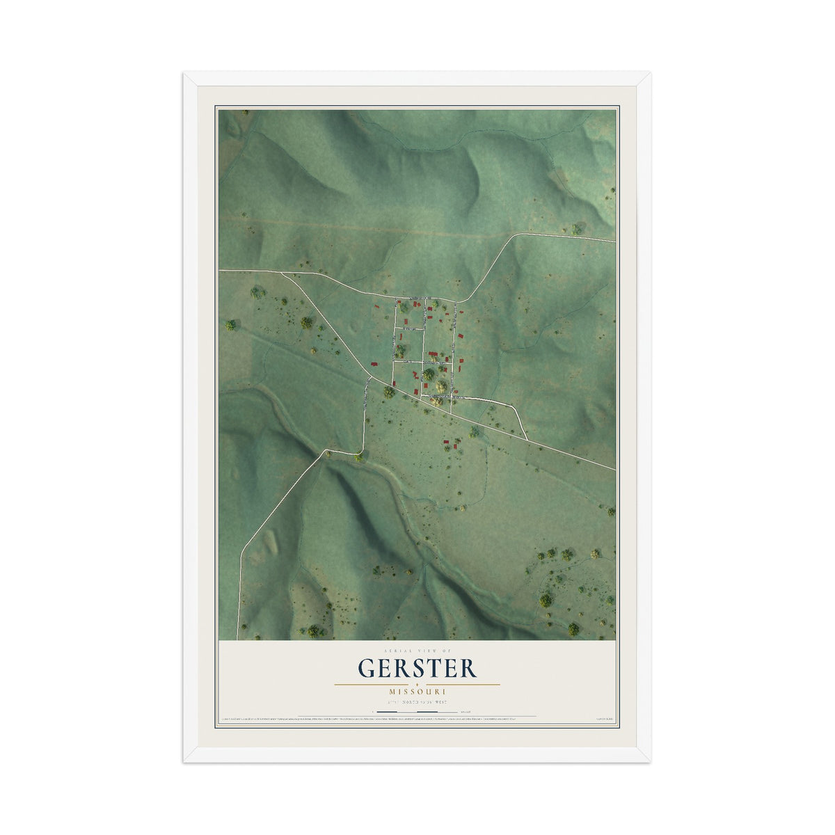 Map of Gerster, Missouri, 12 x 18 inch print in a white wood frame
