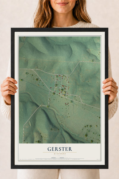 Map of Gerster, Missouri, 18 x 24 inch print in a black wood frame
