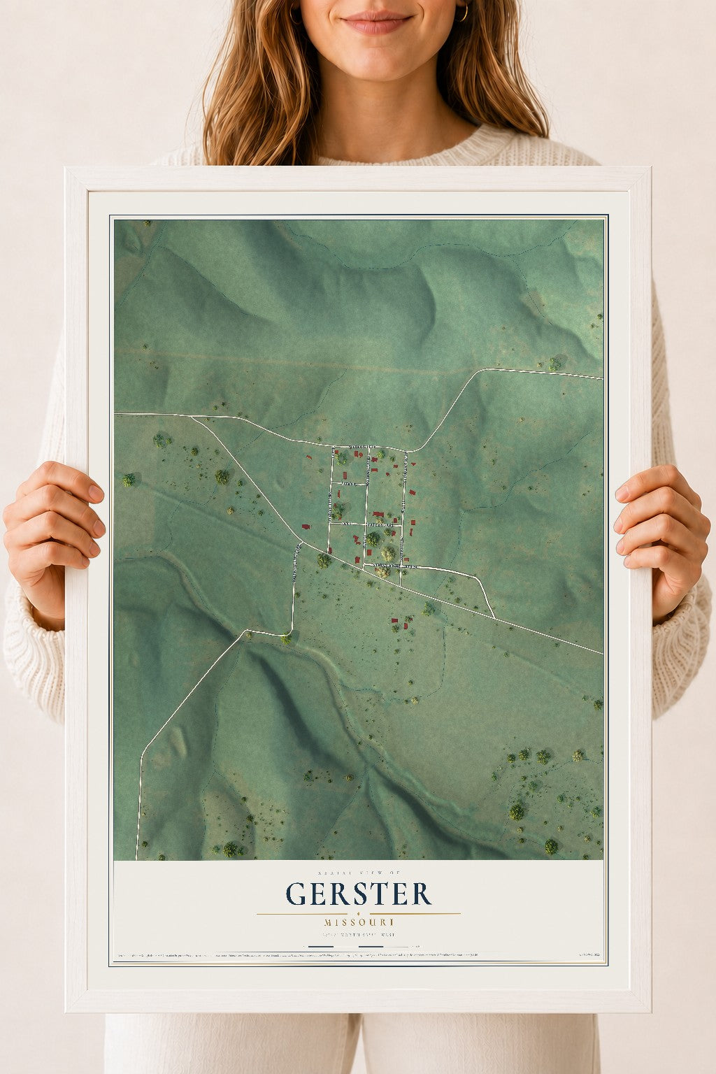 Map of Gerster, Missouri, 18 x 24 inch print in a white wood frame