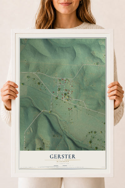 Map of Gerster, Missouri, 18 x 24 inch print in a white wood frame