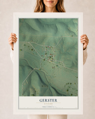 Map of Gerster, Missouri, 24 x 36 inch print in a white wood frame