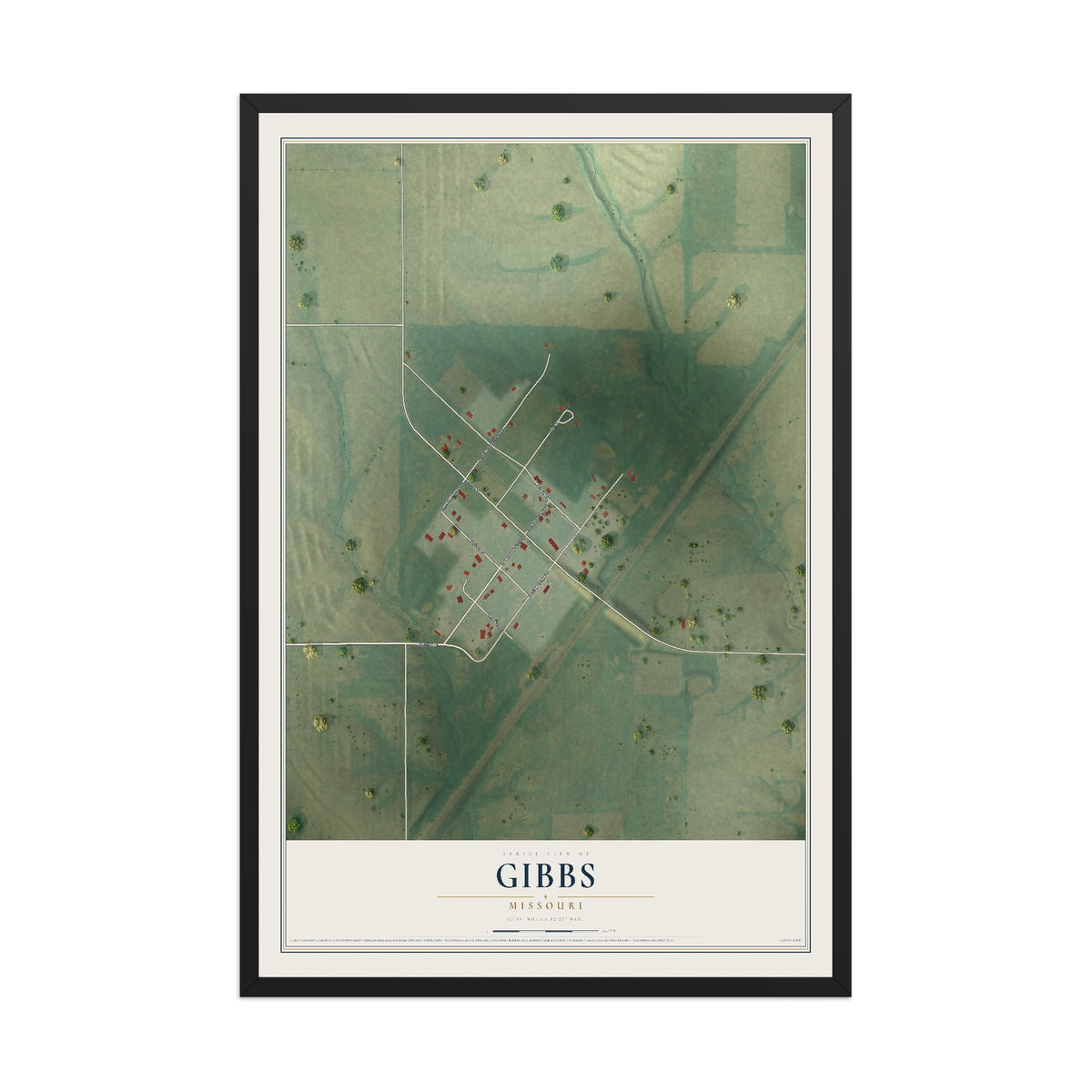 Map of Gibbs, Missouri, 12 x 18 inch print in a black wood frame