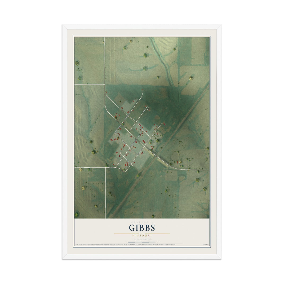 Map of Gibbs, Missouri, 12 x 18 inch print in a white wood frame