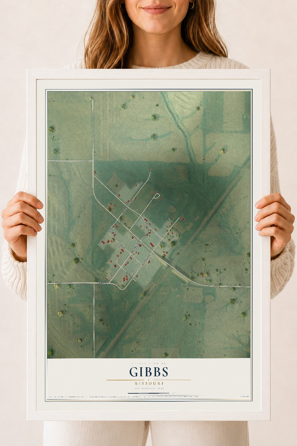 Map of Gibbs, Missouri, 18 x 24 inch print in a white wood frame