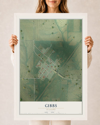 Map of Gibbs, Missouri, 24 x 36 inch print in a white wood frame