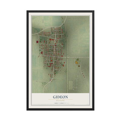Map of Gideon, Missouri, 12 x 18 inch print in a black wood frame