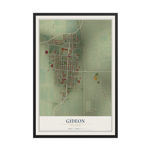 Map of Gideon, Missouri, 12 x 18 inch print in a black wood frame