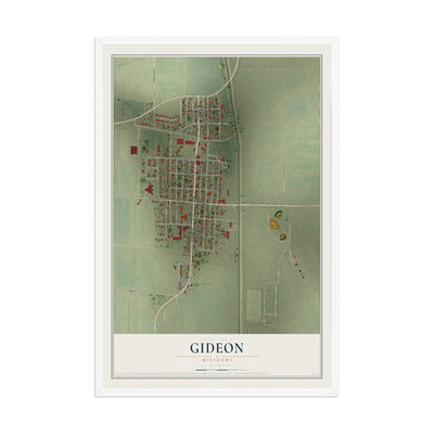Map of Gideon, Missouri, 12 x 18 inch print in a white wood frame