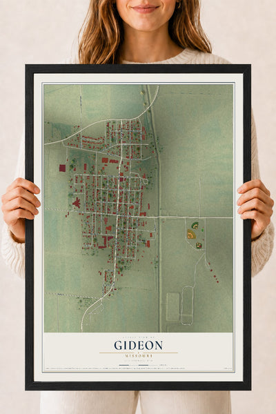 Map of Gideon, Missouri, 18 x 24 inch print in a black wood frame