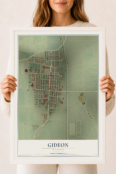 Map of Gideon, Missouri, 18 x 24 inch print in a white wood frame