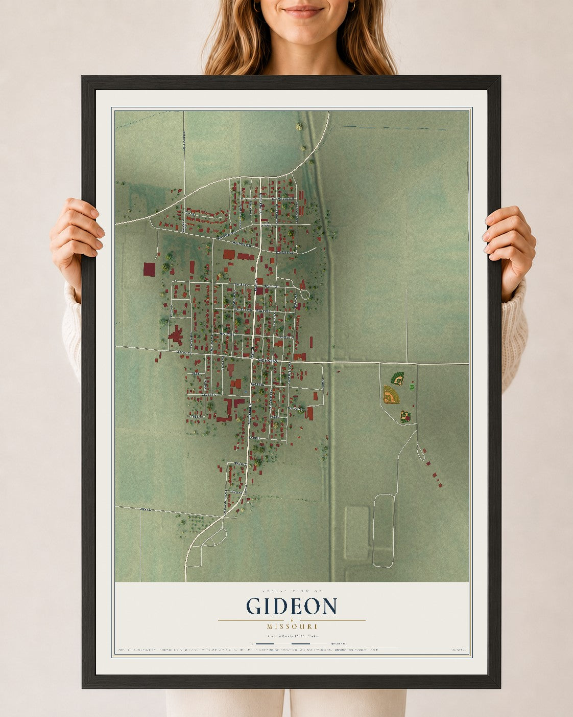 Map of Gideon, Missouri, 24 x 36 inch print in a black wood frame