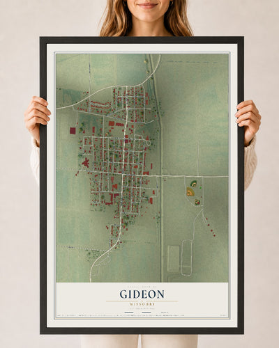 Map of Gideon, Missouri, 24 x 36 inch print in a black wood frame