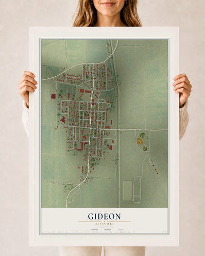 Map of Gideon, Missouri, 24 x 36 inch print in a white wood frame