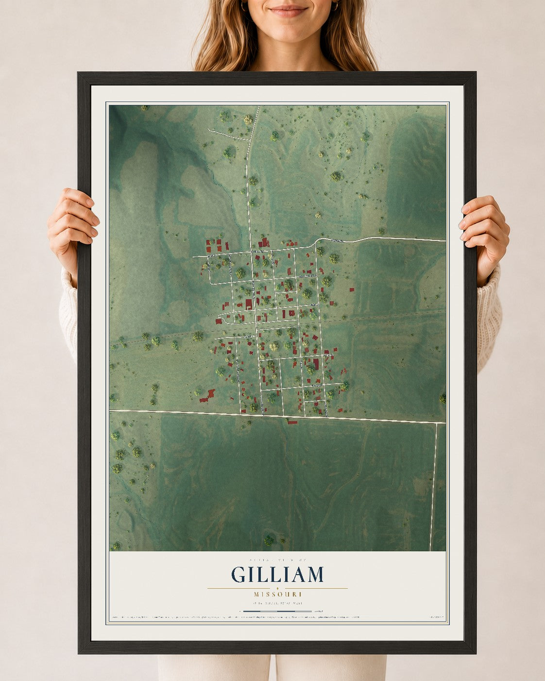 Map of Gilliam, Missouri, 24 x 36 inch print in a black wood frame