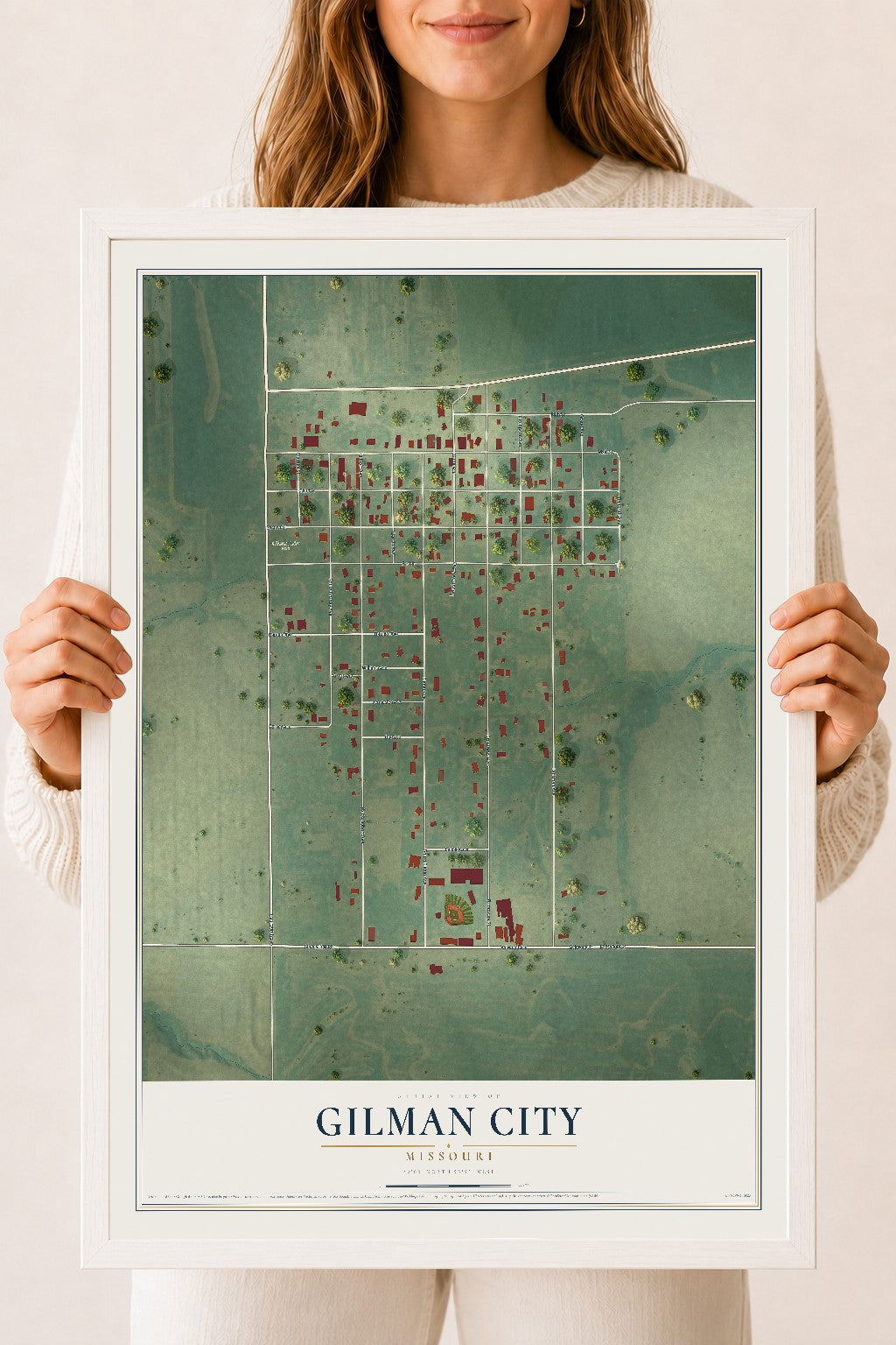 Map of Gilman City, Missouri, 18 x 24 inch print in a white wood frame
