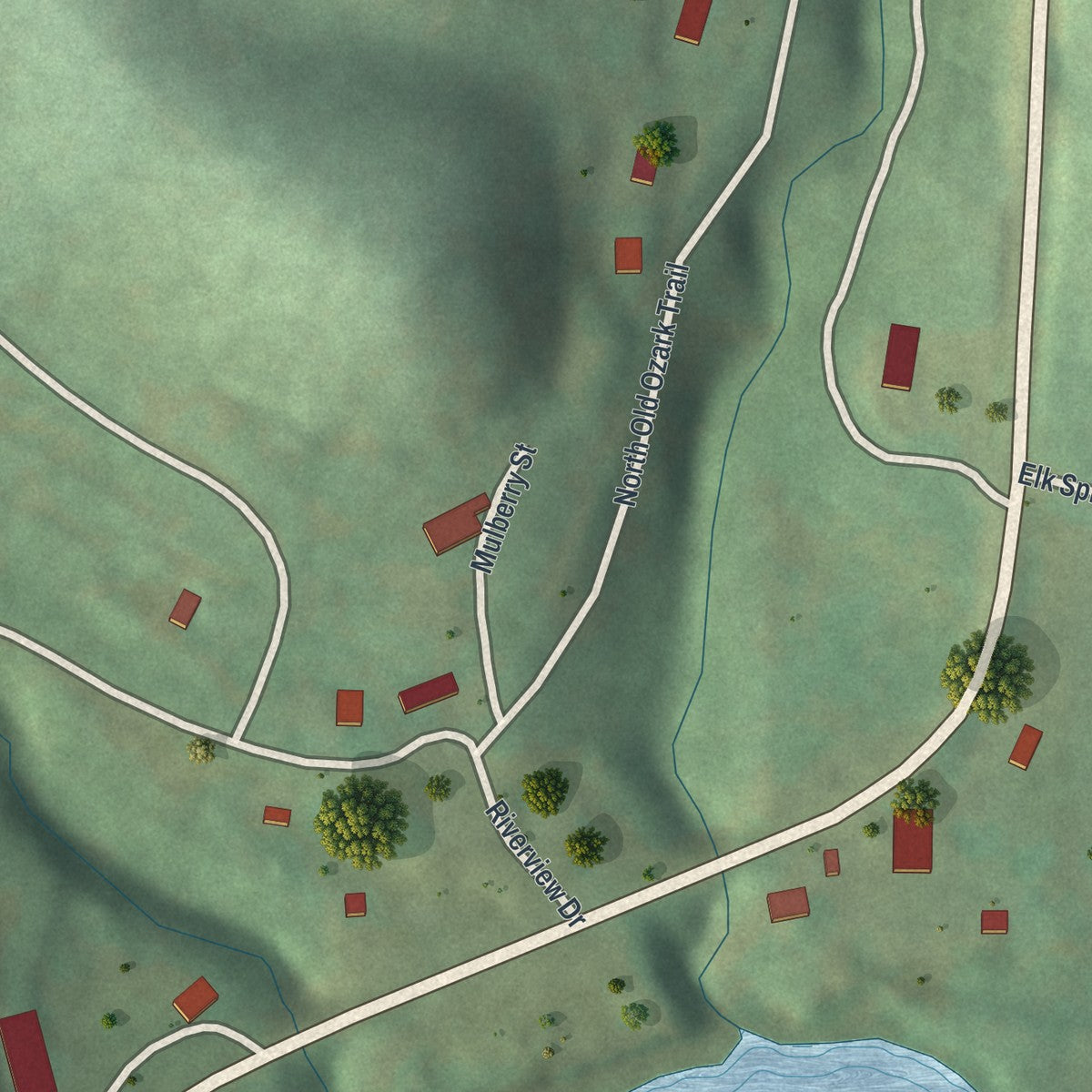 Second close-up of the map of Ginger Blue, Missouri print showing more streets and buildings