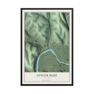 Map of Ginger Blue, Missouri, 12 x 18 inch print in a black wood frame