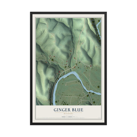 Map of Ginger Blue, Missouri, 12 x 18 inch print in a black wood frame