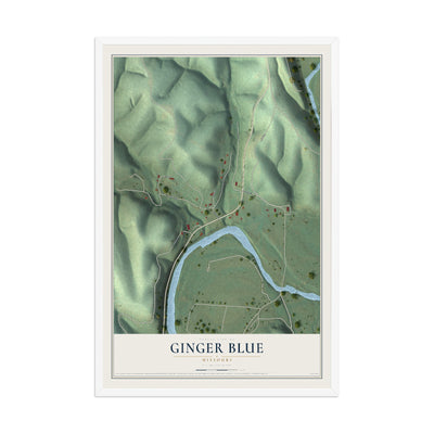 Map of Ginger Blue, Missouri, 12 x 18 inch print in a white wood frame