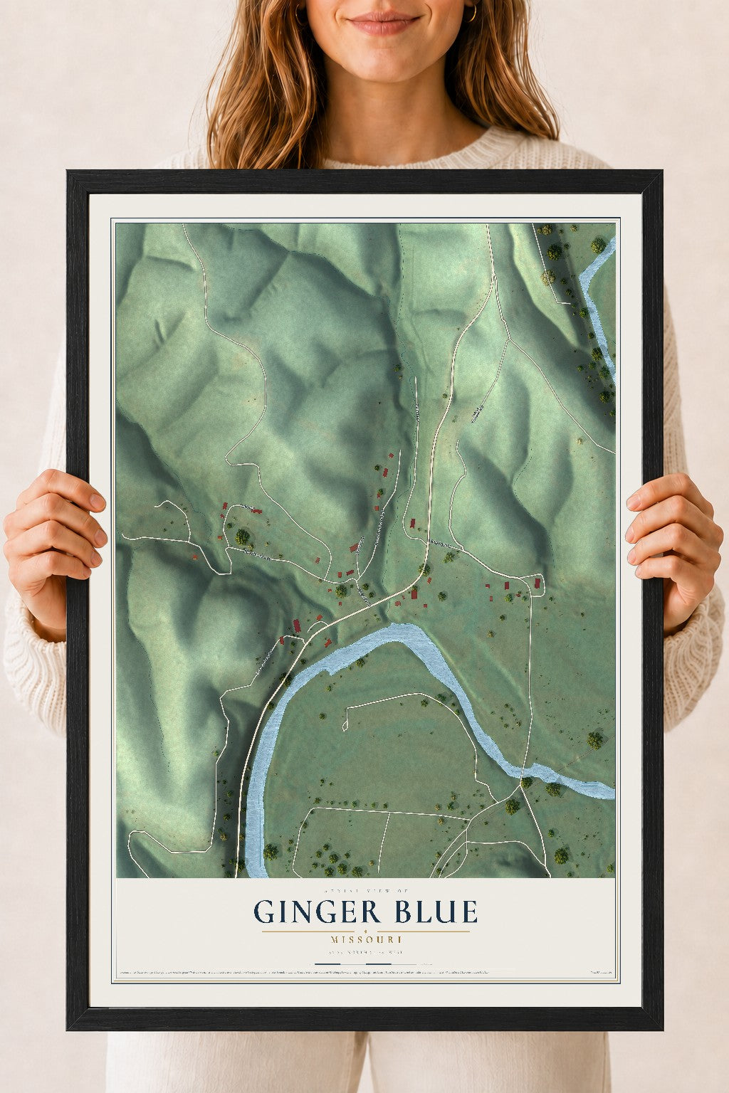 Map of Ginger Blue, Missouri, 18 x 24 inch print in a black wood frame
