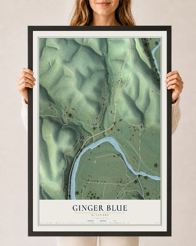 Map of Ginger Blue, Missouri, 24 x 36 inch print in a black wood frame