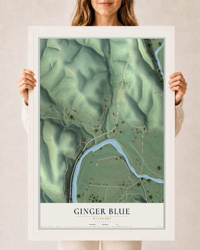 Map of Ginger Blue, Missouri, 24 x 36 inch print in a white wood frame