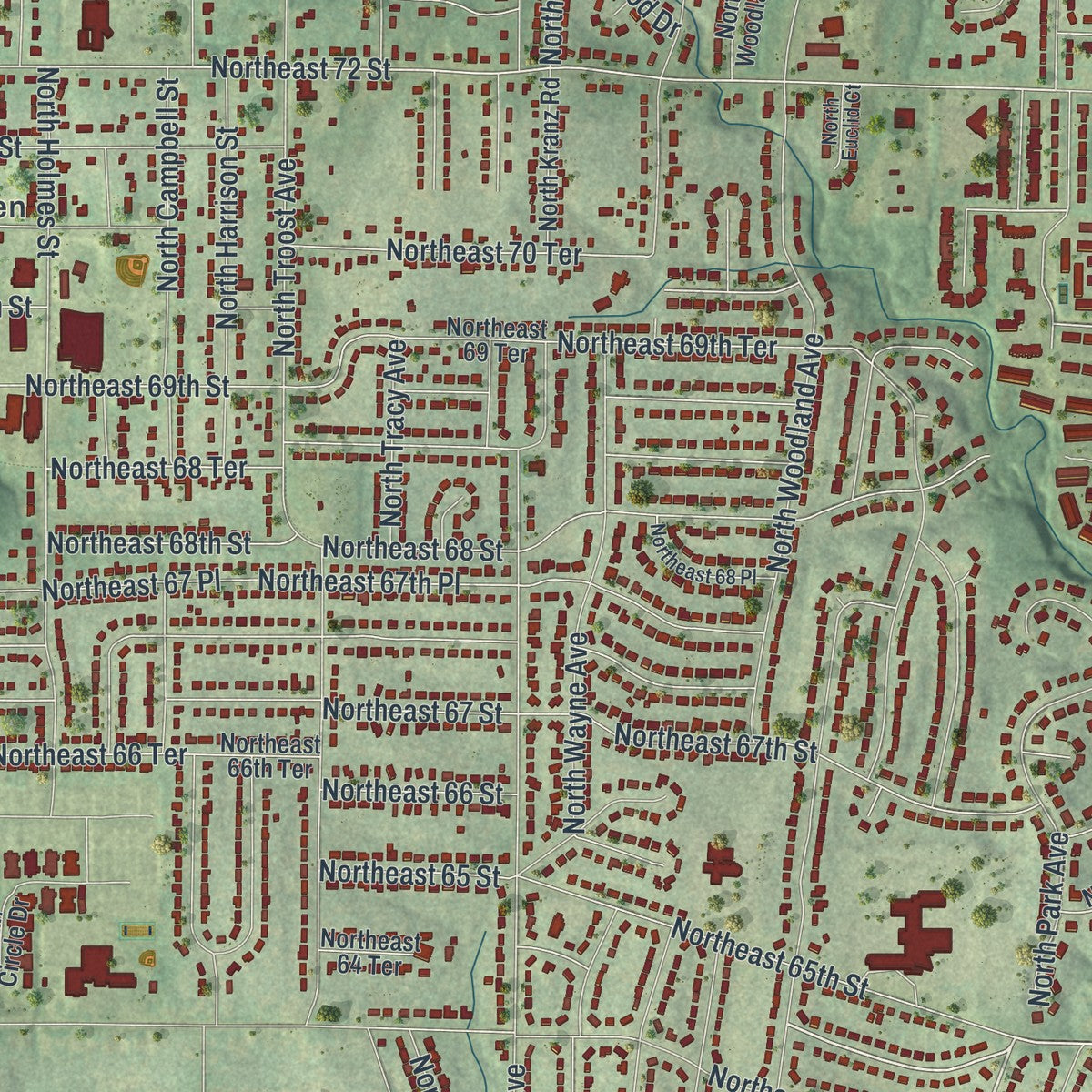 Close-up of the map of Gladstone, Missouri print showing street and building detail