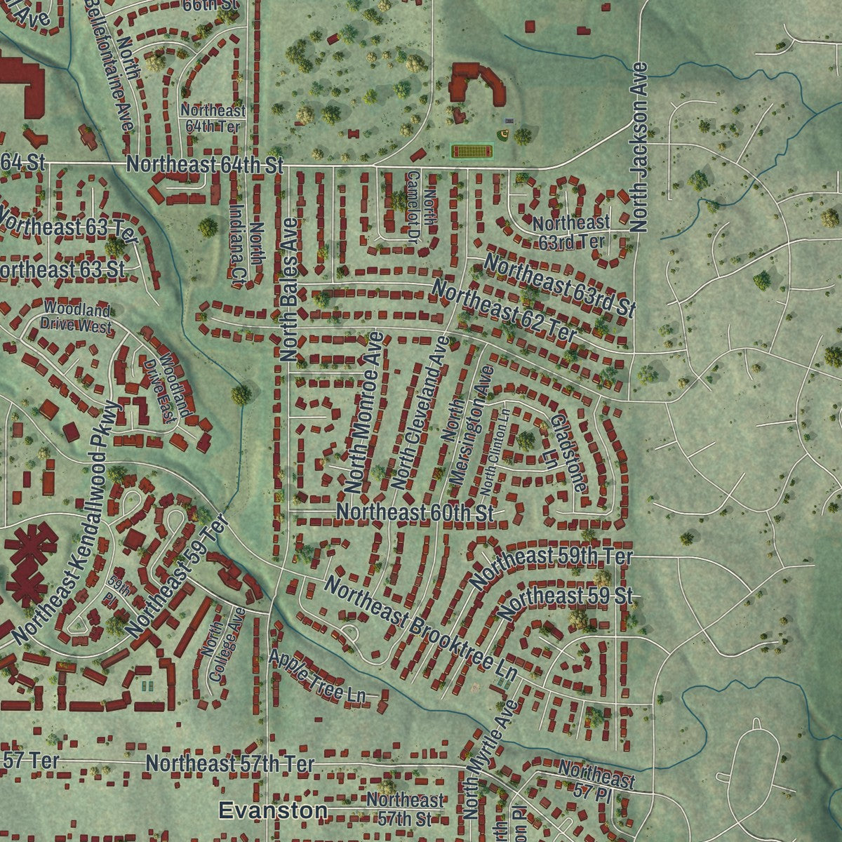 Second close-up of the map of Gladstone, Missouri print showing more streets and buildings