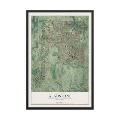 Map of Gladstone, Missouri, 12 x 18 inch print in a black wood frame
