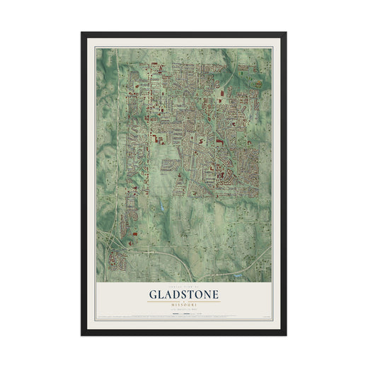 Map of Gladstone, Missouri, 12 x 18 inch print in a black wood frame