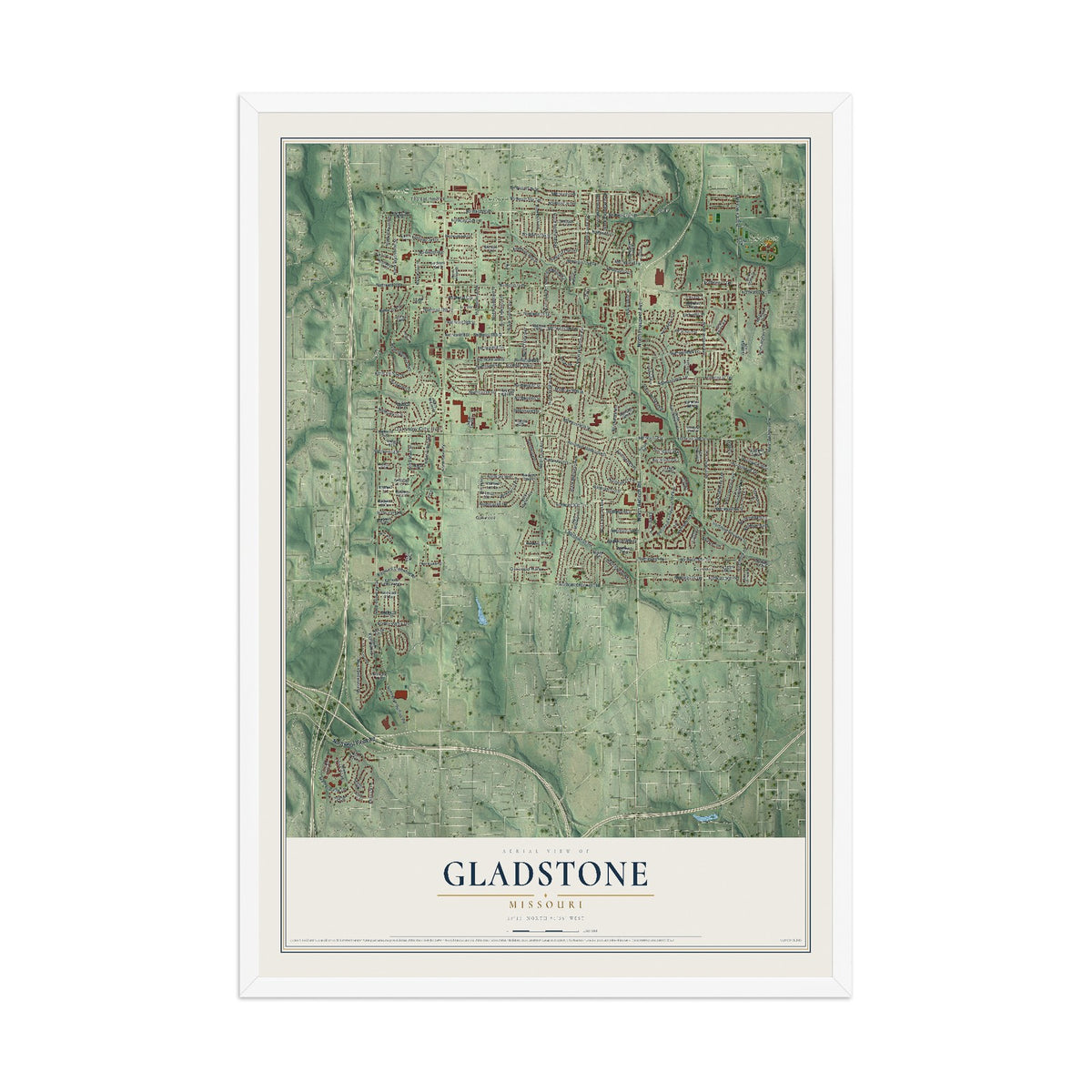 Map of Gladstone, Missouri, 12 x 18 inch print in a white wood frame