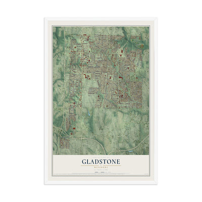 Map of Gladstone, Missouri, 12 x 18 inch print in a white wood frame