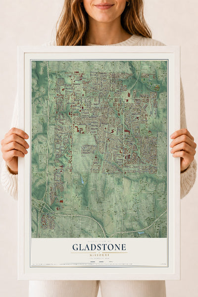 Map of Gladstone, Missouri, 18 x 24 inch print in a white wood frame