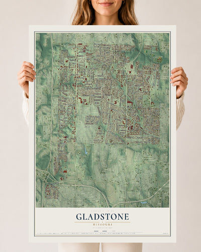 Map of Gladstone, Missouri, 24 x 36 inch unframed archival matte print